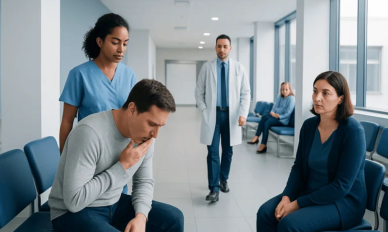 Patient experiencing nausea in a hospital waiting area with medical staff nearby.