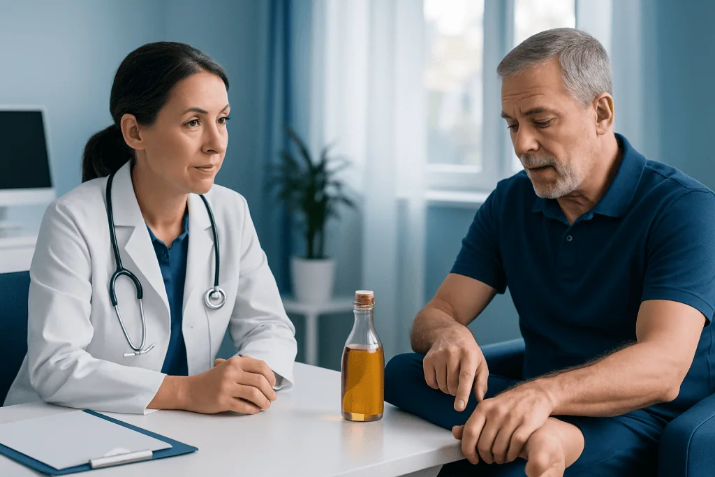 Doctor consulting with male patient about health in clinic setting.