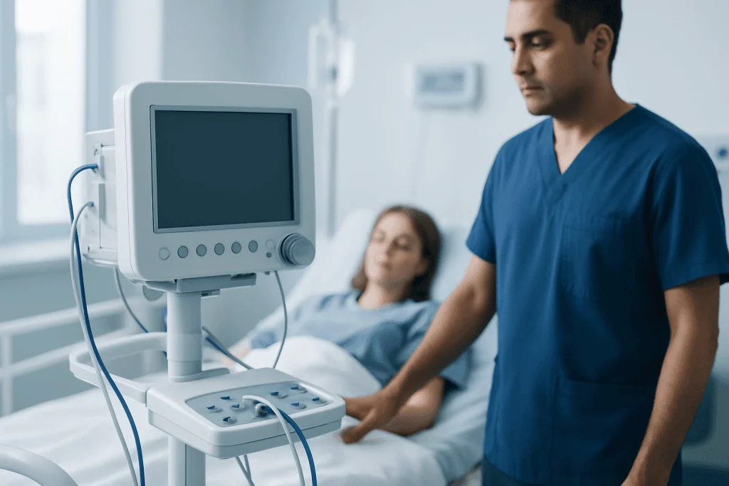 Medical professional monitoring patient in hospital room with medical equipment.