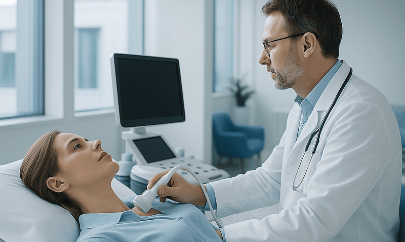 Doctor performing an ultrasound on a patient's neck in a hospital setting.