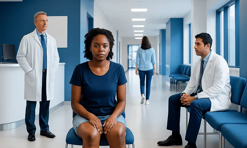 Patient waiting in a hospital corridor with medical staff nearby.