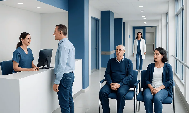 Patients waiting in a hospital corridor at Acibadem Hospitals Group in Turkey.