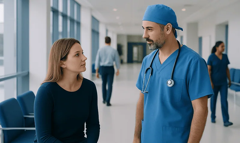 Doctor consulting a patient in hospital corridor with other staff in background.