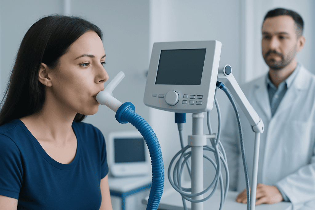 Patient using a ventilator in a medical examination room.