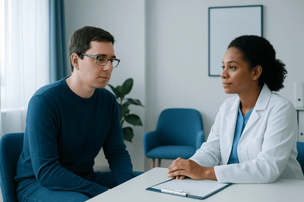 Doctor consulting with male patient in a medical office setting.