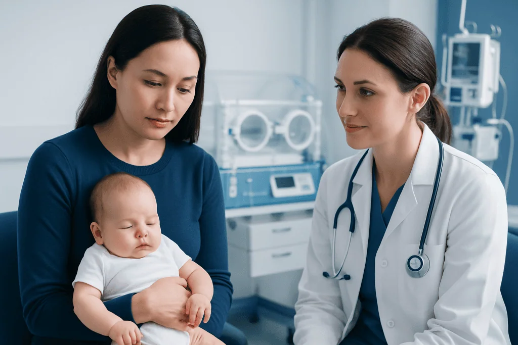 Pediatric consultation at Acibadem Hospital with mother and baby.