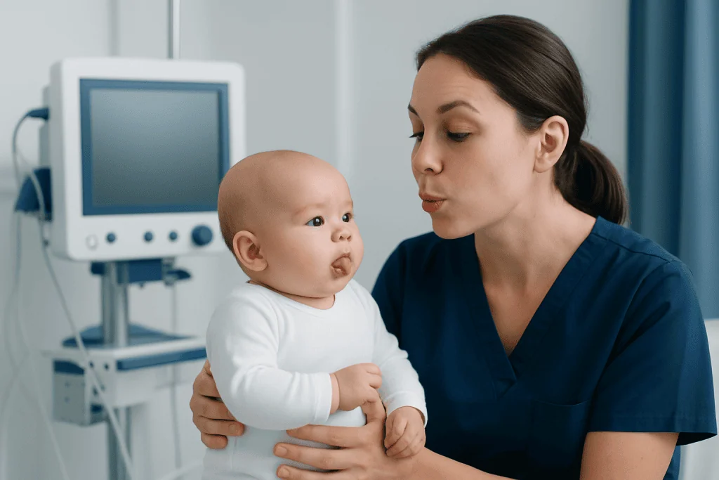 Pediatric nurse examining a baby in a hospital setting.