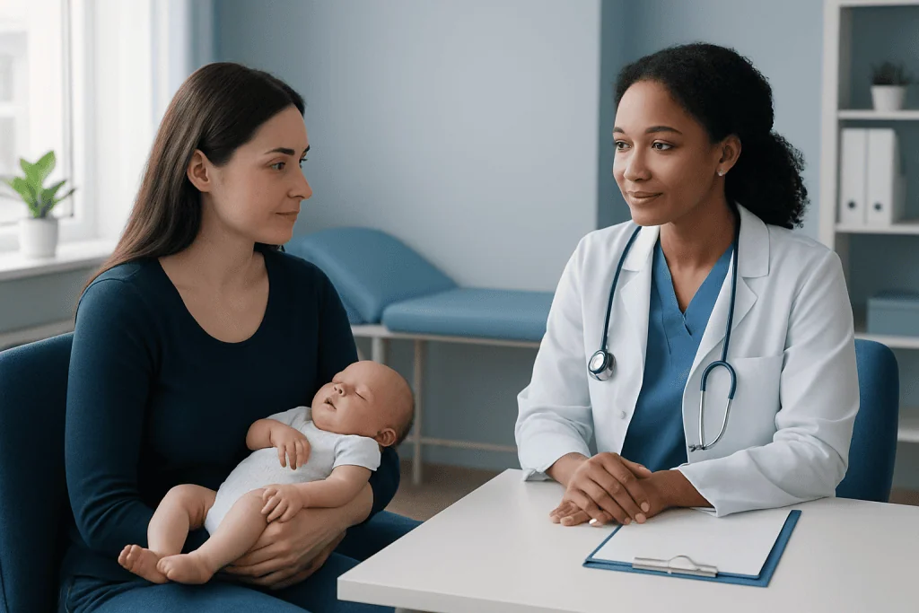 Pediatric consultation with a doctor and mother holding a baby in a clinic.