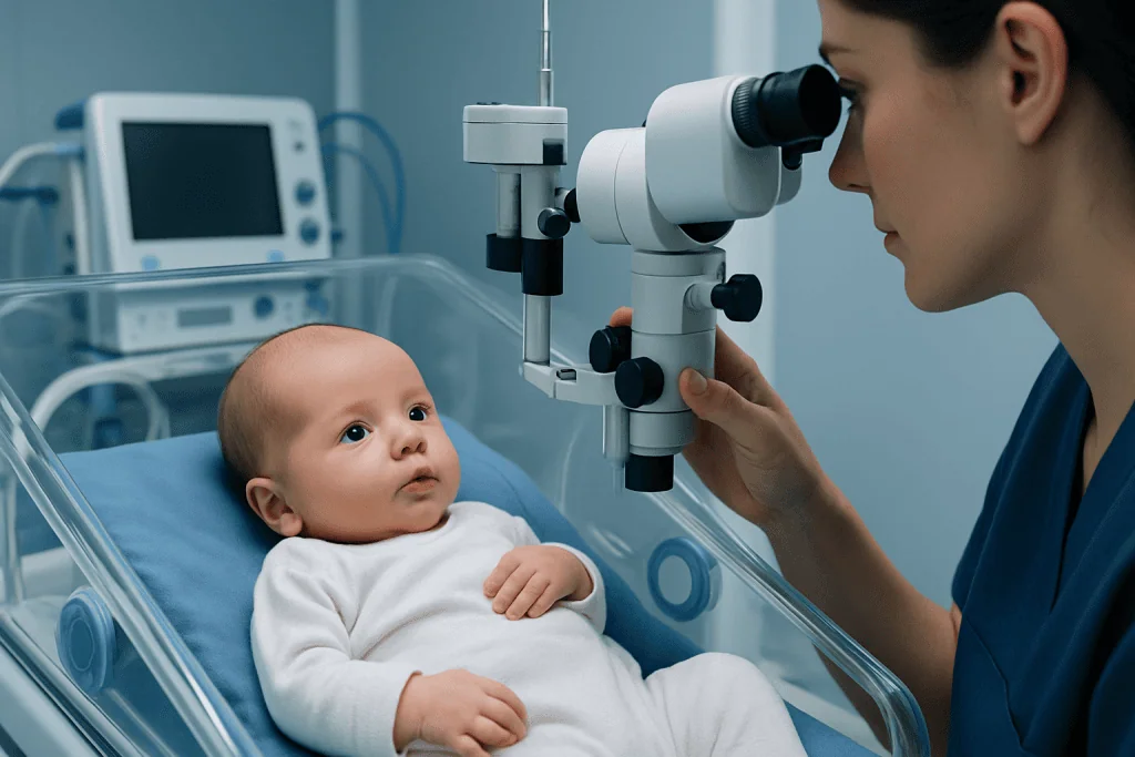 Pediatric ophthalmologist examining a baby's eyes with a slit lamp.