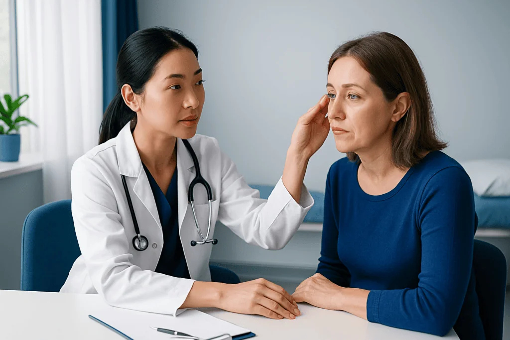 Doctor examining woman with under-eye bags in a clinic setting.
