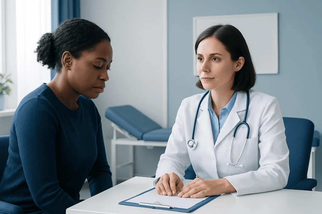Doctor consulting with patient in a medical examination room.