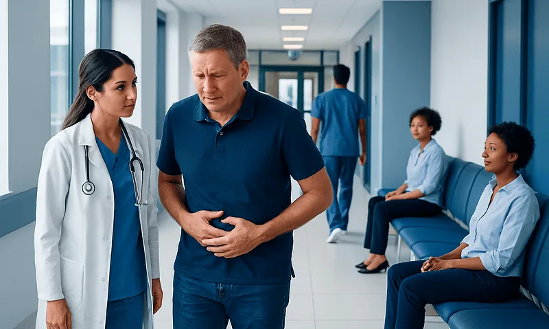 Patient experiencing stomach pain in hospital corridor with medical staff nearby.