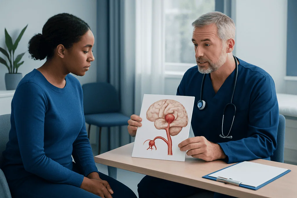 Doctor explaining brain aneurysm to patient with anatomical model.