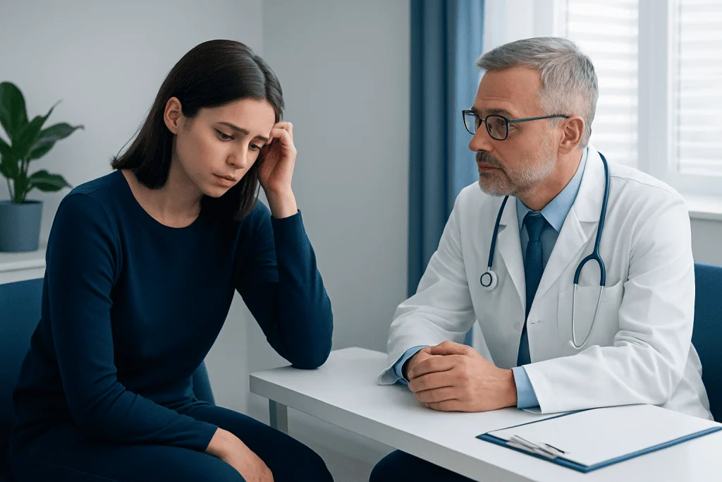 Doctor consulting with a young woman about health concerns in a medical office.