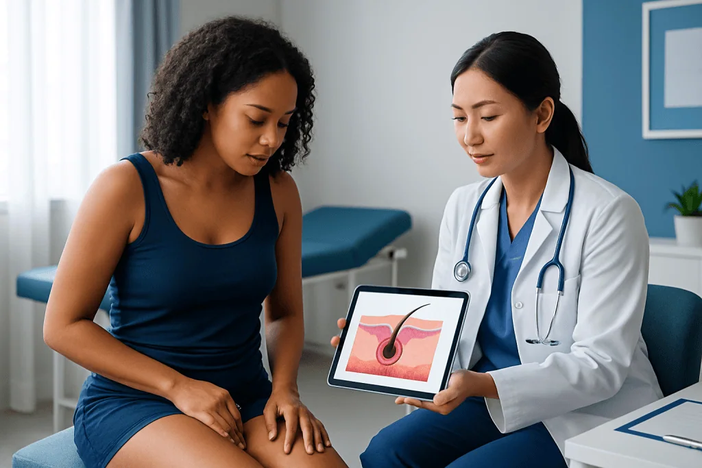 Doctor explaining ingrown hair cyst to patient with skin diagram.