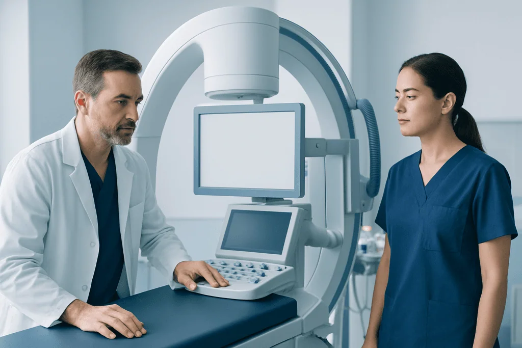 Medical professionals operating an MRI machine in a hospital setting.