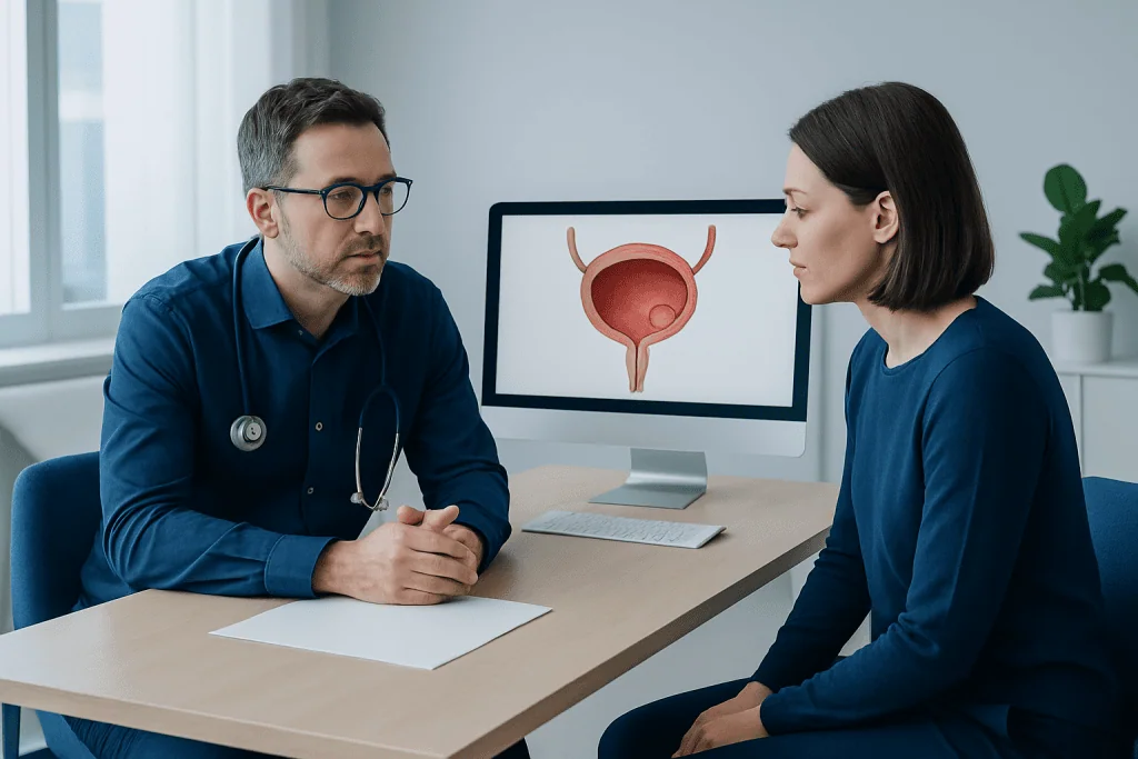 Urologist consulting with patient about bladder health and polyps.