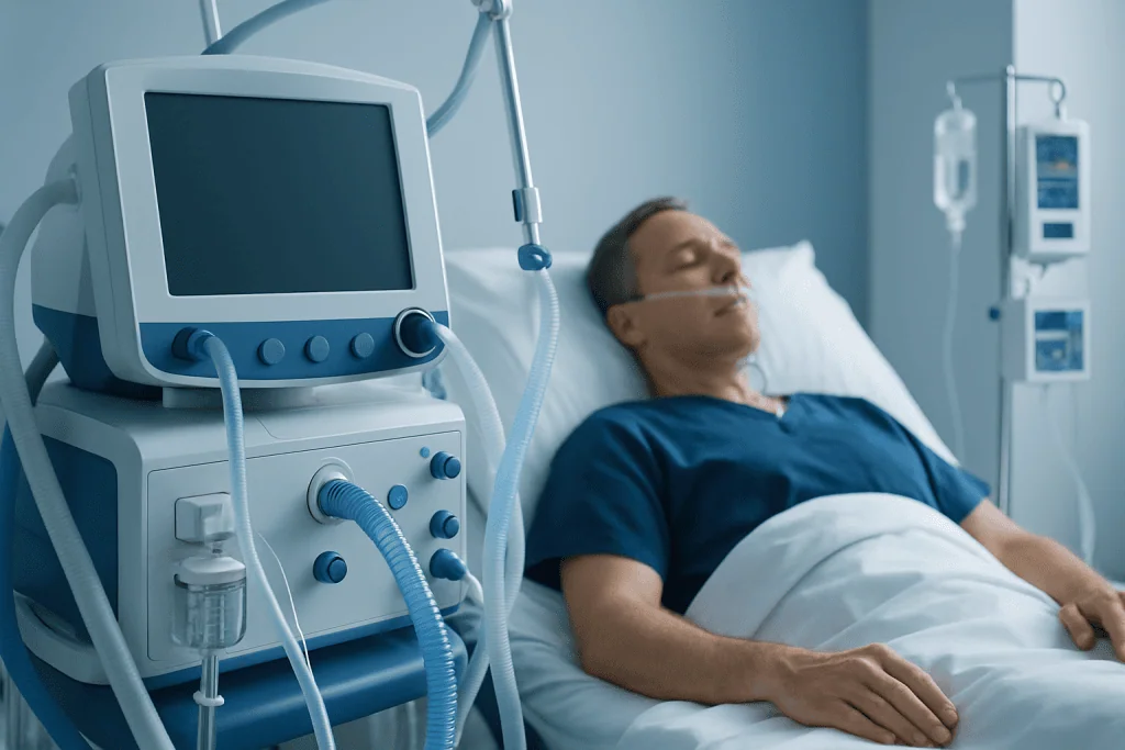 Patient in hospital bed connected to medical ventilator and monitors.