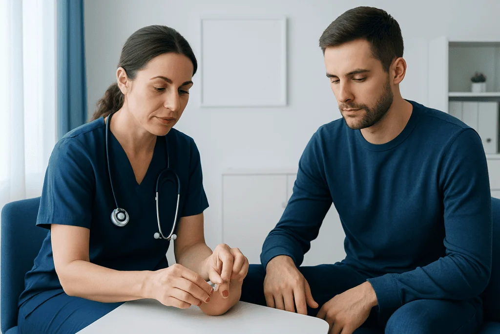 Medical professional examining a patient's foot in a clinical setting.