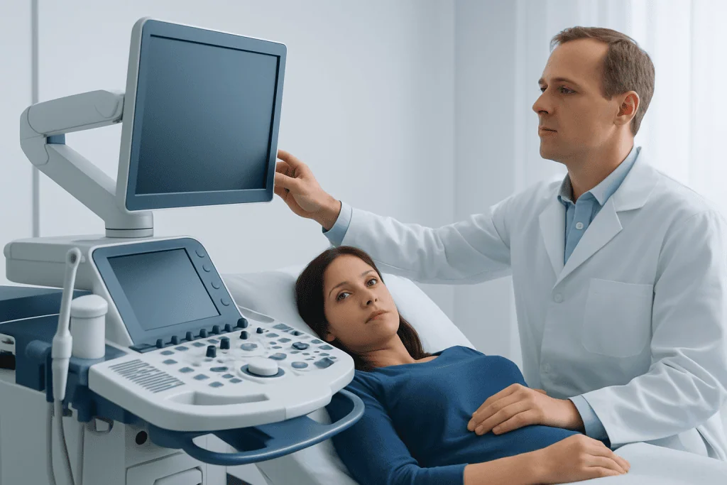 Doctor performing ultrasound exam on patient in hospital room.