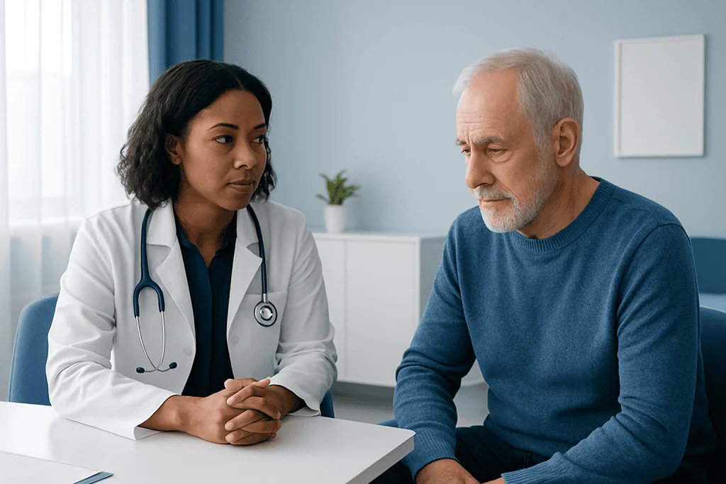 Doctor consulting with an elderly male patient in a medical office.