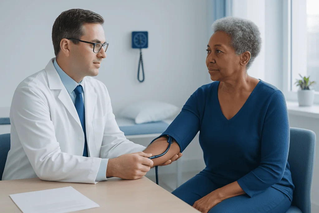 Doctor measuring blood pressure of an elderly woman in a clinic.
