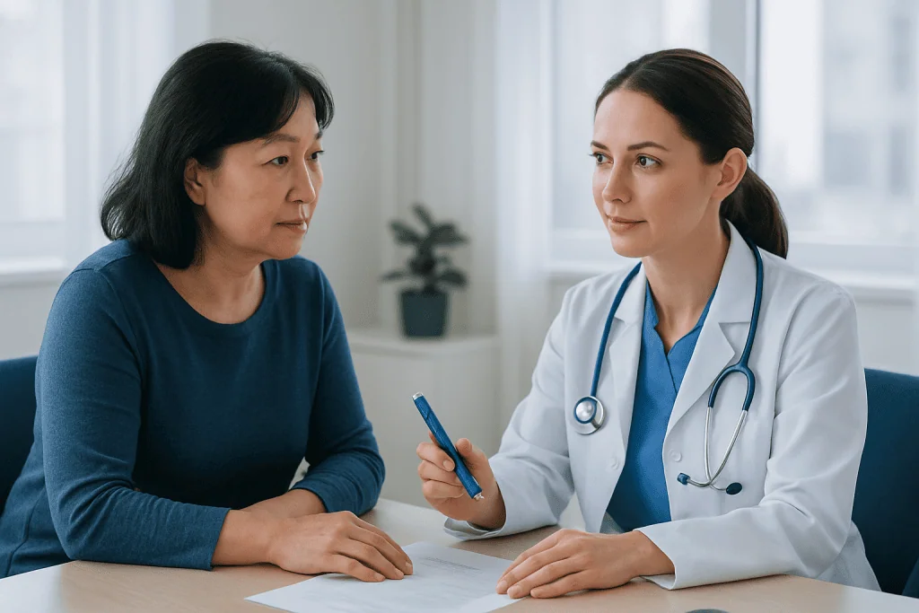 Doctor consulting with a female patient in a medical office setting.