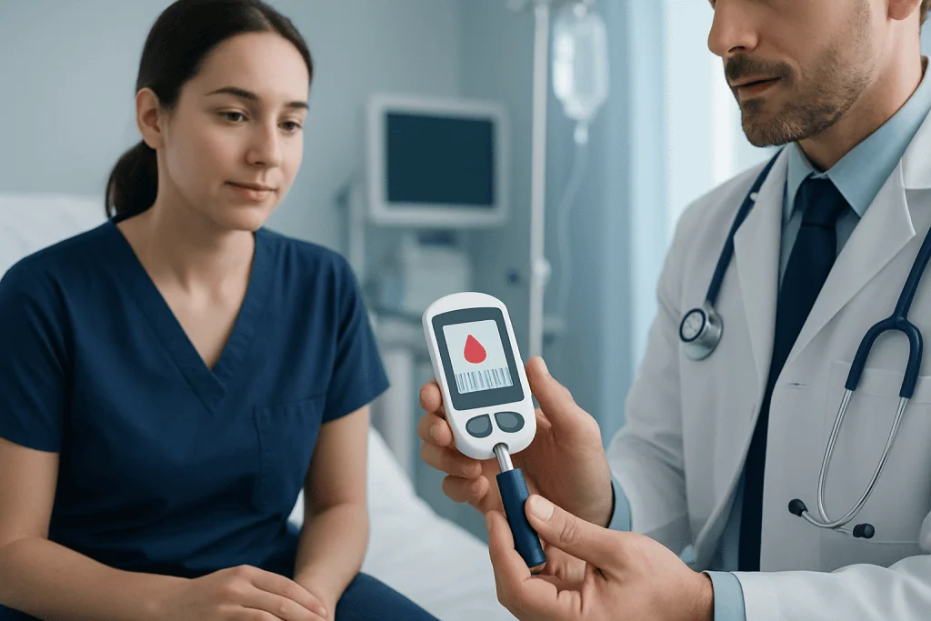 Doctor showing blood sugar monitor to patient in hospital room.