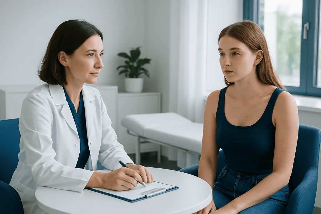 Doctor consulting with a young woman about skin health in a clinic setting.