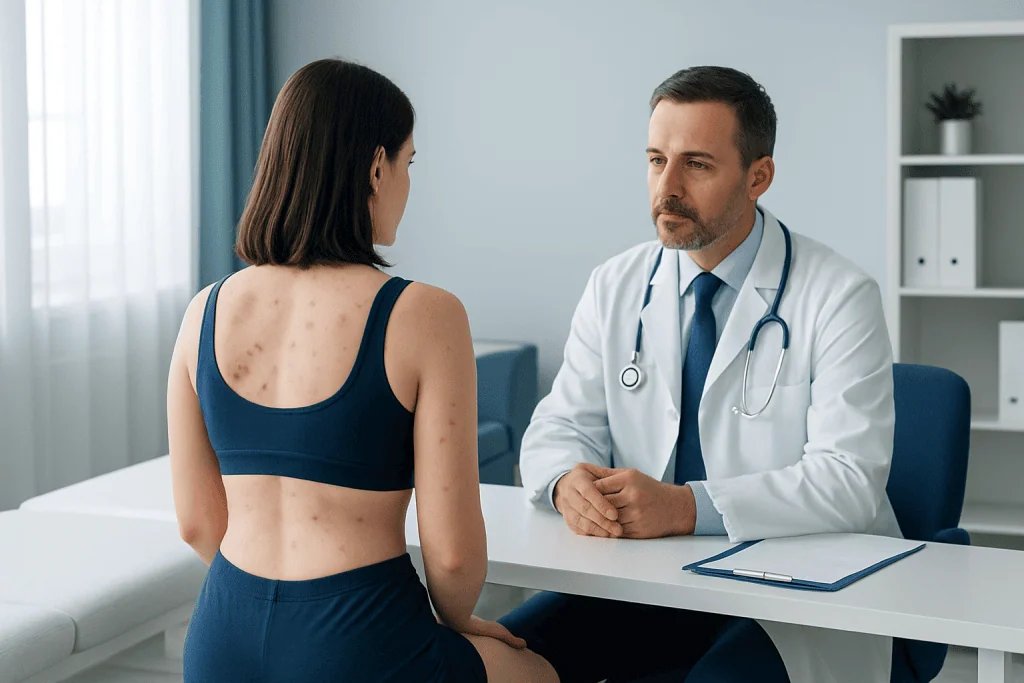 Doctor consulting with a patient about skin issues on her back.