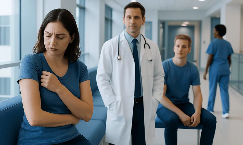 Patient experiencing discomfort in a hospital corridor with medical staff nearby.
