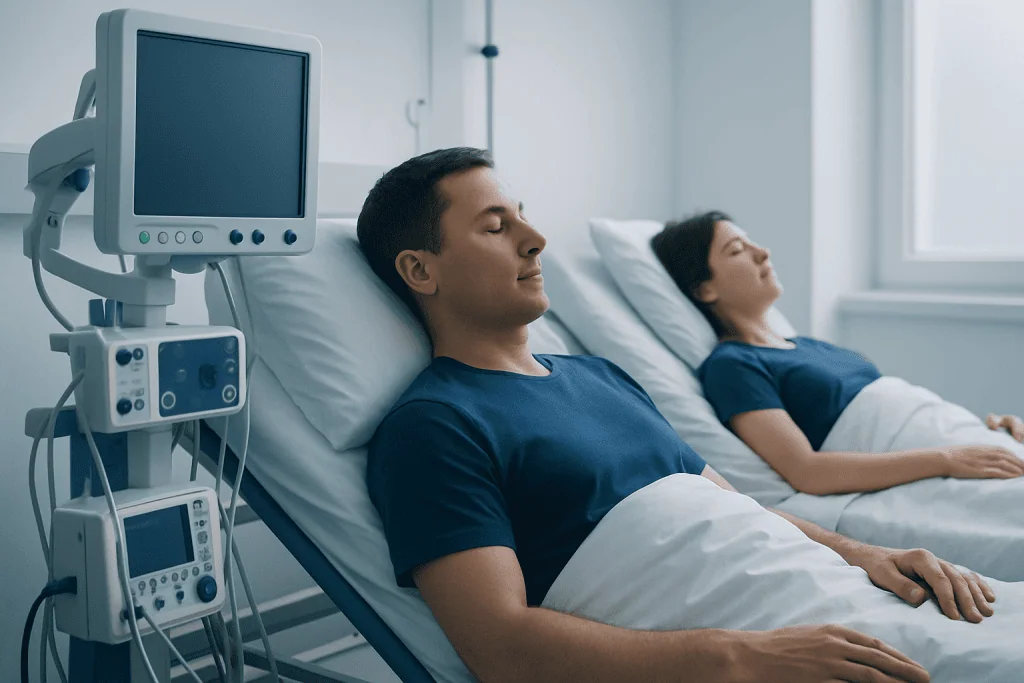 Patients resting in hospital beds with medical monitors nearby.