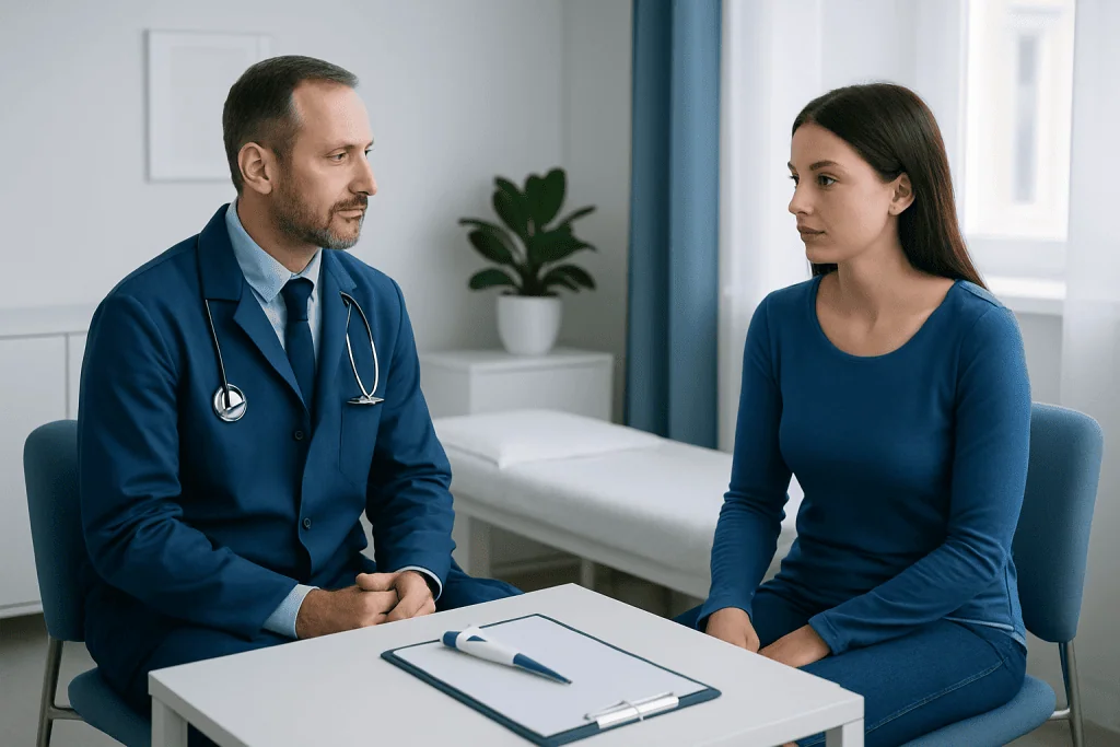 Doctor consulting with a young woman in a medical office setting.