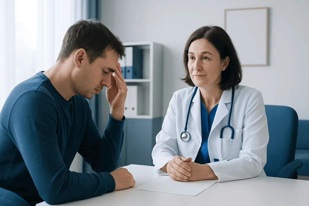 Doctor consulting with a patient about seizure symptoms in a medical office.