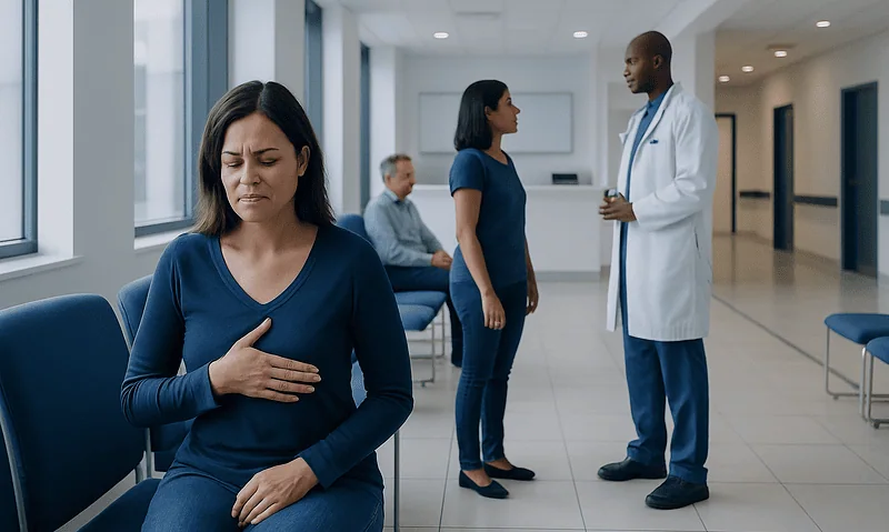 Woman experiencing breast discomfort in a hospital waiting area.
