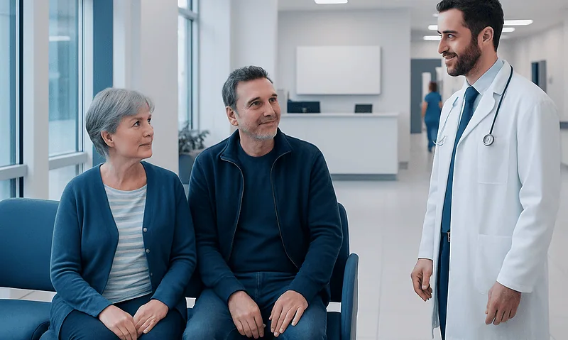 Doctor consulting with elderly patients in hospital corridor.