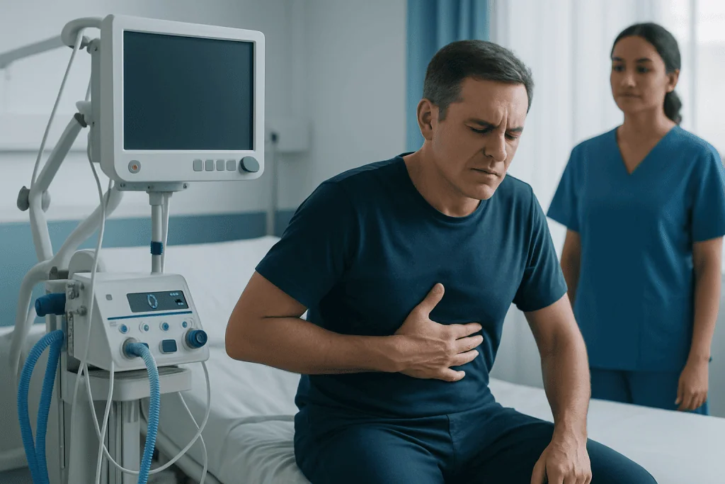Man with chest pain in hospital bed with medical monitor nearby.