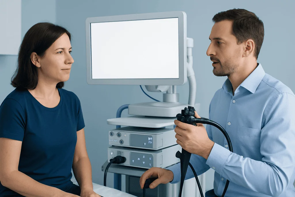 Doctor performing an ultrasound examination on a female patient in a medical clinic.