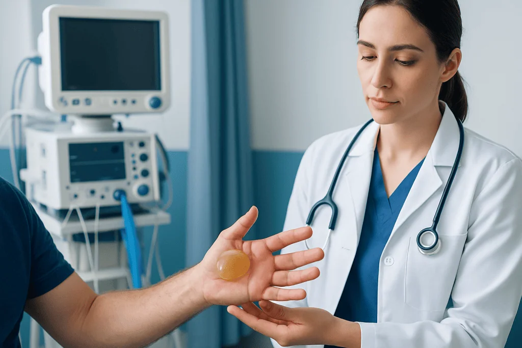 Doctor examining blister on patient's hand in hospital setting.