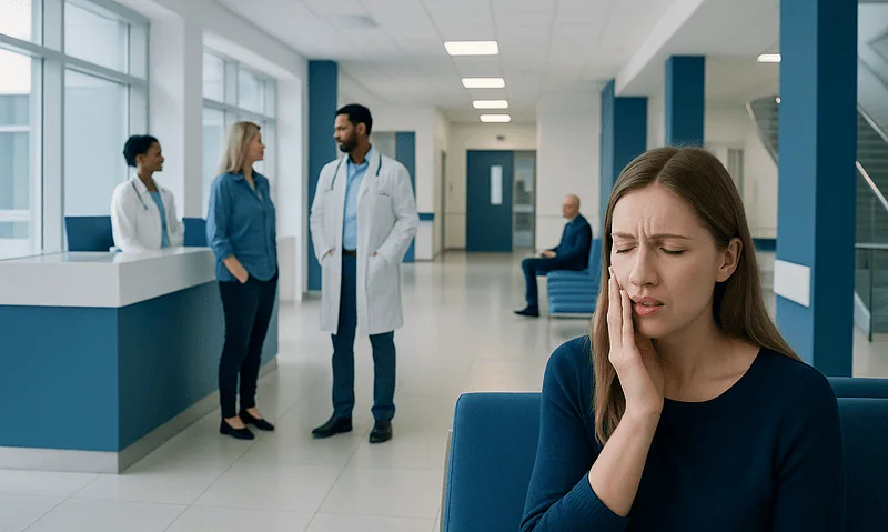 Young woman experiencing tooth pain in a hospital waiting area.