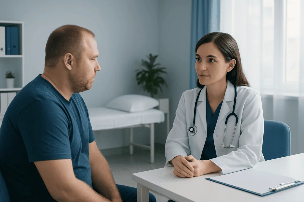 Doctor consulting with patient in a medical office setting.