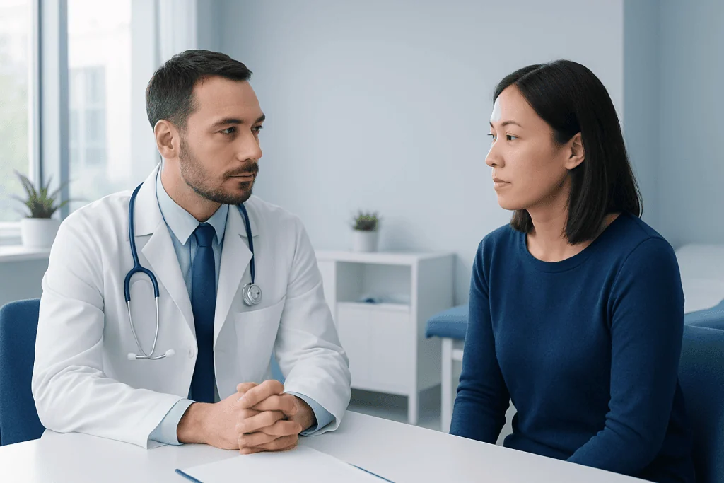Doctor consulting with a female patient in a medical office.