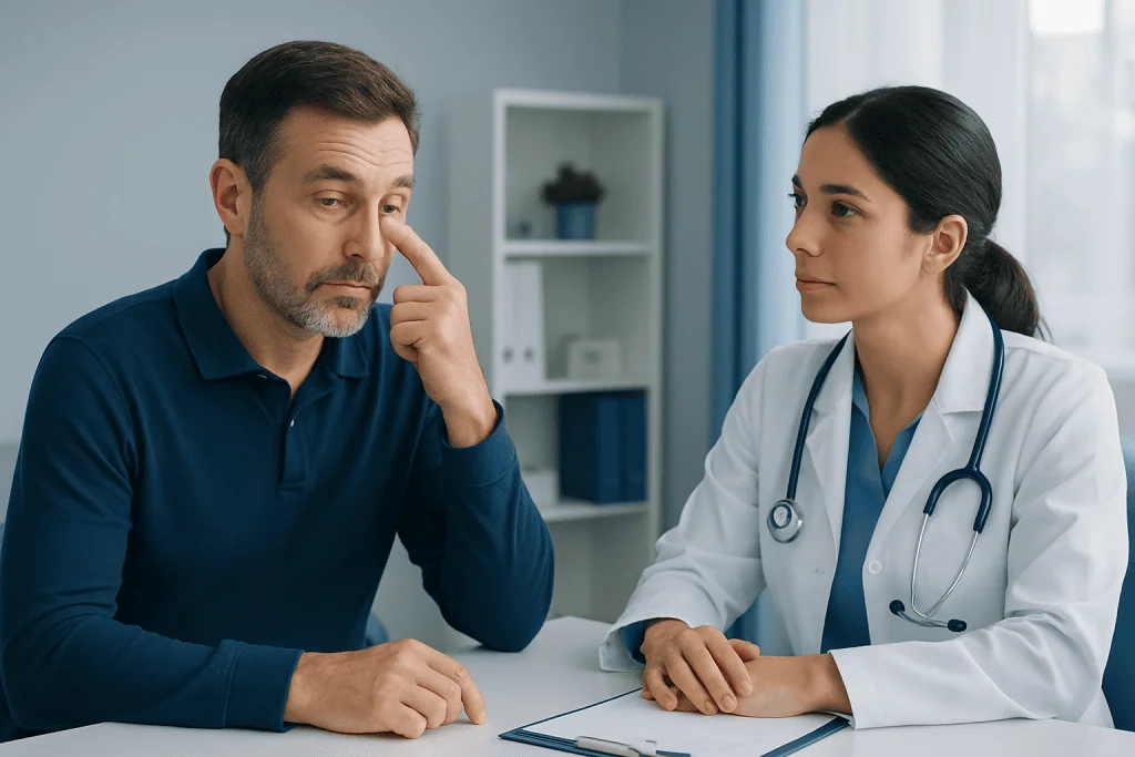 Doctor explaining eye health to patient in consultation room.