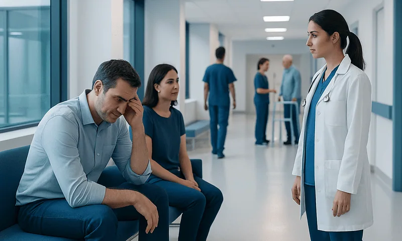 Patient experiencing stress in hospital corridor with medical staff nearby.