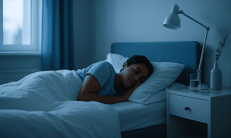 Why Can't I Sleep? A Checklist for Racing-Mind Nights 3 Young woman struggling to sleep in a dimly lit bedroom at night.