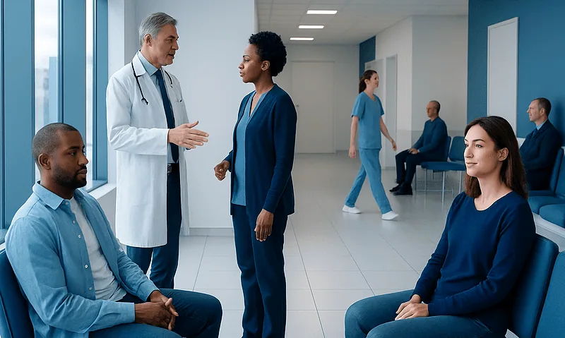 Doctor consulting with patients in a hospital waiting area.