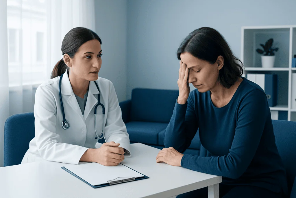 Doctor consulting with a woman experiencing stress or burnout.