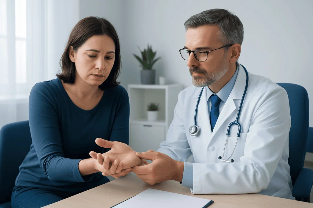 Doctor examining patient's wrist for carpal tunnel symptoms.