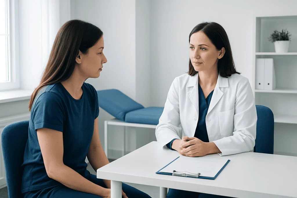 Doctor consulting a patient in a medical office setting.