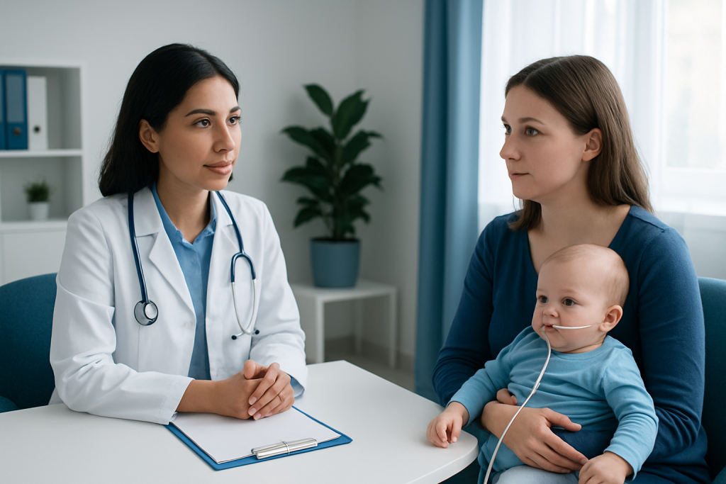 Doctor consulting with mother and infant patient in hospital setting.